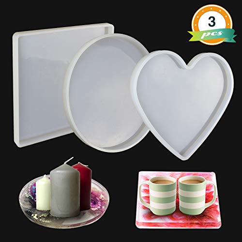 Product Cover LET'S RESIN Large Resin Molds, 3 Pcs Large Resin Tray Molds Including Round, Square, Heart Shape, Resin Silicone Molds for Casting Epoxy Resin etc