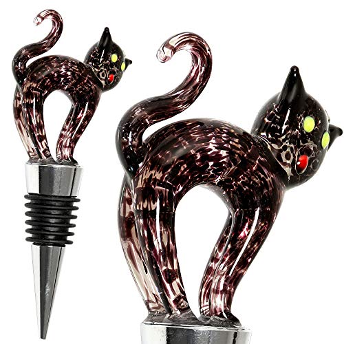 Product Cover Black Cat Halloween Wine Bottle Stopper - Decorative, Unique, Handmade, Eye-Catching Glass Cat Wine Stoppers - Cute Cat Bottle Stopper - Wine Accessories, Cat Gift for Hostess - Wine Corker/Sealer