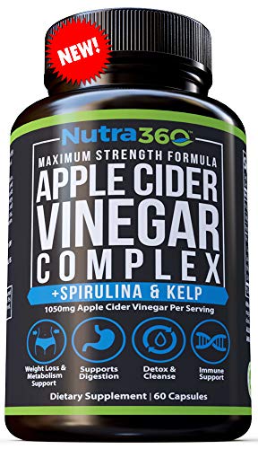 Product Cover Apple Cider Vinegar Capsules by Nutra360 - Maximum Strength Dietary Supplement with Spirulina & Kelp - Aids Weight Loss, Metabolism, Digestion, Detox, Appetite suppressant- Paleo & Keto Diet Friendly
