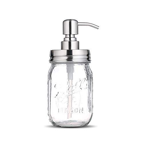 Product Cover bonris 16oz Clear Glass Jar Soap Dispenser with Stainless Steel Pump Classic Decor for Bathroom Kitchen Farmhouse Decor Great for Essential Oils, Lotions, Liquid Soaps
