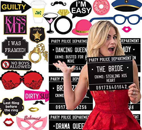 Product Cover 40 Unique Crimes on Fun Bachelorette Party Mugshots! Includes 34 pieces of Photo Booth Props, Game and Activity instructions included! Also a great idea for Birthdays, Girls Night Out, Stagettes, NYE, Hen Parties, Gift,Party supplies!