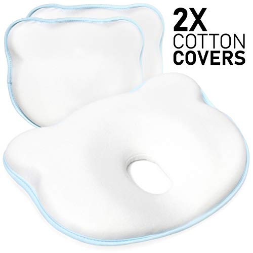 Product Cover ZOSTRATI Baby Head Shaping Pillow - 2 Washable 100% Cotton Covers for Newborn Infant to Prevent Flat Head or Plagiocephaly Syndrome | Soft Memory Foam Flathead Cushion | 0-12months | White