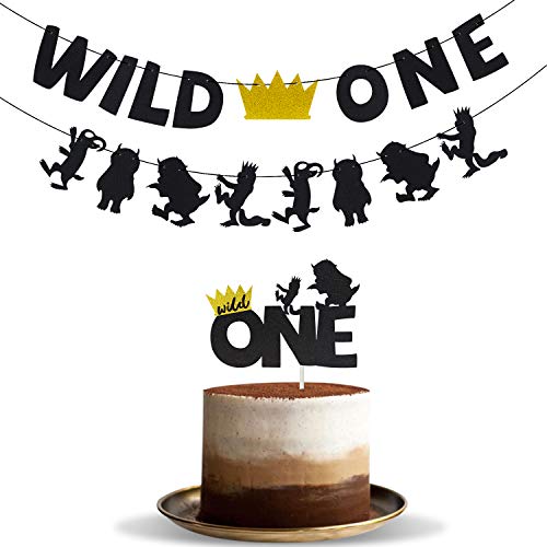 Product Cover Joymee Wild One Banner with Wild One Cake Topper,Kids Boy or Girl 1st First Birthday Party Supplies Black Glitter Handmade Decorations