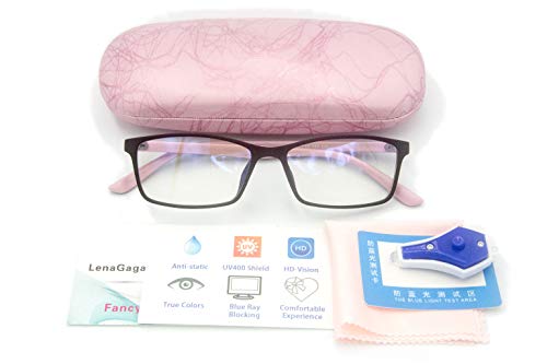 Product Cover Women Anti Blue Light Glasses Block Eye Strain Glare with Case Tester, Gaming Computer Glasses Blue Light Block Glasses Filter UV Blocker Clear Lens Small Face Narrow Rectangle Nerd Frame Pink Black
