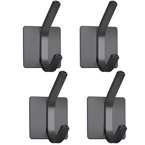 Product Cover XIGOO Black Adhesive Door Hooks, Office Hanger Hanging Key Towel Coat Hooks Stick on Wall Perfect for Bathroom Kitchen,Stainless Steel 4 Packs