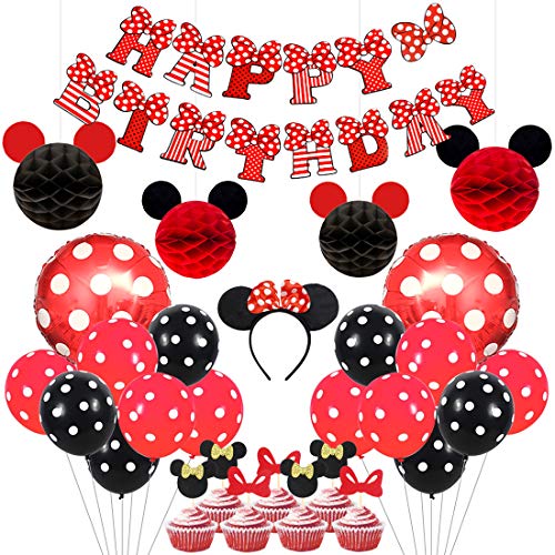 Product Cover Kreatwow Mickey and Minnie Party Supplies Red and Black Ears Headband Happy Birthday Banner Polka Dot Balloons Set for Minnie Themed Party Decorations