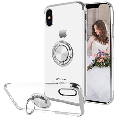 Product Cover Ownest Compatible with iPhone Xs Case (2018)/iPhone X Case (2017) with Built-in 360 Rotatable Ring Kickstand Fit Magnetic Car Mount and Clear Slim TPU Protective for iPhone Xs/iPhone X-(Silver-2)