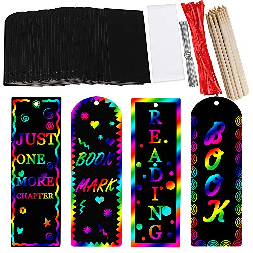 Product Cover Supla 36 Set 2 Style Magic Scratch Rainbow Bookmarks Making Kit for Kids Students Party Favor Scratch Paper DIY Bookmarks Bulk with Scratching Tools Satin Ribbons for Classroom Activities