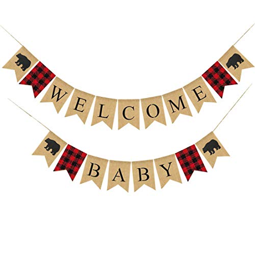 Product Cover Lumberjack Baby Shower Banner, Buffalo Plaid Bear Welcome Baby Banner,Timber Rustic Hunter Theme Welcome Baby, Camping Bear Baby Shower Decorations Supplies, Lumberjack Gender Reveal Banner