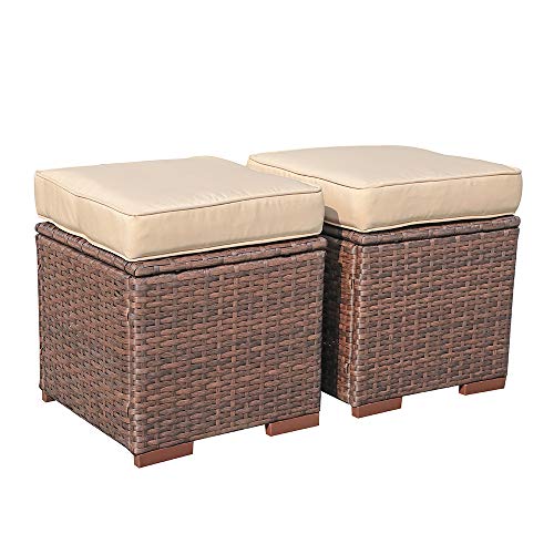 Product Cover Super Patio Outdoor Ottoman, 2 Piece All Weather Wicker Rattan Patio Ottoman Set with Cushion, Steel Frame, Brown