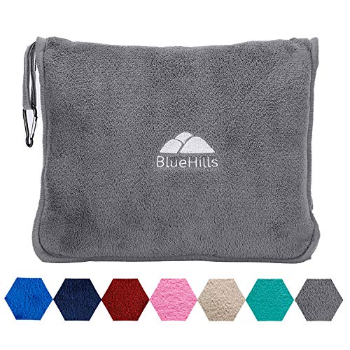 Product Cover BlueHills Premium Soft Travel Blanket Pillow Airplane Flight Blanket throw in Soft Bag Pillow case with Hand Luggage Belt and Backpack Clip Compact Pack Large Blanket for Travel Grey Color (Gray T007)