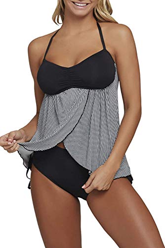 Product Cover VertHome Women Two Pieces Halter Bandeau Dot Pin Up Tankini Sets Flyaway Ruched Backless Swimsuit (Large) Black