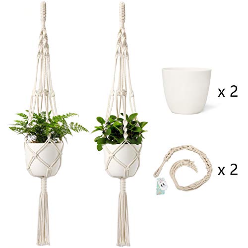 Product Cover Mkono Macrame Plant Hangers with Pots 6.5 Inch Plastic Planter Included Indoor Hanging Planters Basket Holder (2 Plant Hangers and 2 Flower Pots) 41-Inch