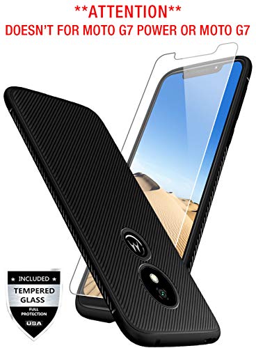 Product Cover Sunnyw Moto G7 Play Case with [9H Tempered Glass Screen Protector], Flexible Soft Ultra-Thin Light TPU Rubber Shock Absorption Non-Slip Rugged Durable Armor Snugly Fit Case for Moto G7 Play (Black)