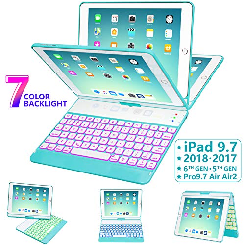 Product Cover iPad Keyboard Case 9.7 for iPad 2018 (6th Gen) - 2017 (5th Gen) - iPad Pro 9.7 - iPad Air 2 & 1, 7 Color Backlit Keyboard Case/360 Rotate Wireless/BT Keyboard Case with Auto Sleep/Wake (Tiffany Blue)