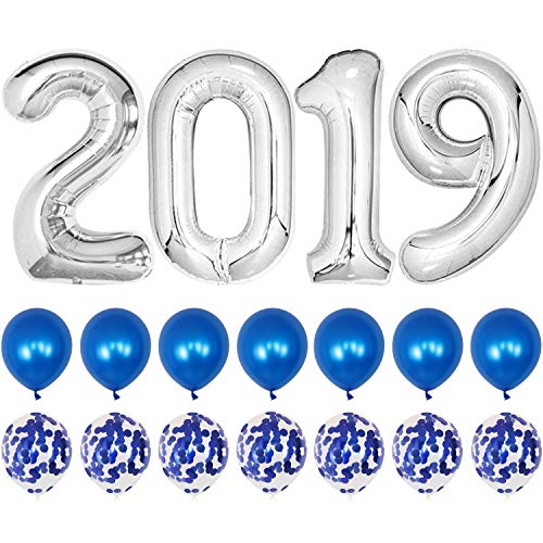 Product Cover 2019 Balloons Blue Confetti Balloon - Blue Graduation Party Supplies 2019 | Graduation Decorations Blue | Large 2019 Balloons with 7 Blue Confetti Balloons and 7 Blue Latex Balloons | Blue and White