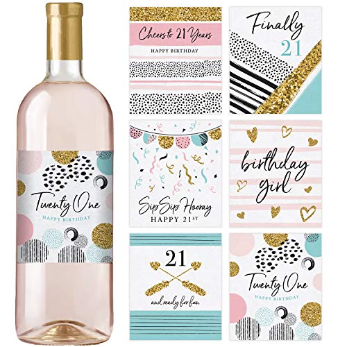 Product Cover 21st Birthday Wine Bottle Labels, Set of 6 Waterproof Labels, Birthday Gifts For Her, 21st Birthday Party Decorations, Ideas and Supplies