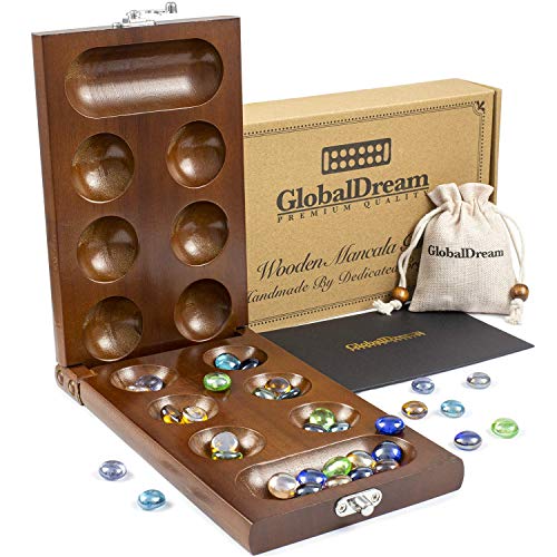 Product Cover GlobalDream Mancala Board Game with Stones - Solid Hardwood Folding Game Board - Stunning Colored Marbles - 2 Player Game for The Whole Family - Portable 8.7 x 5.1 x 1.2 inch Folded Size