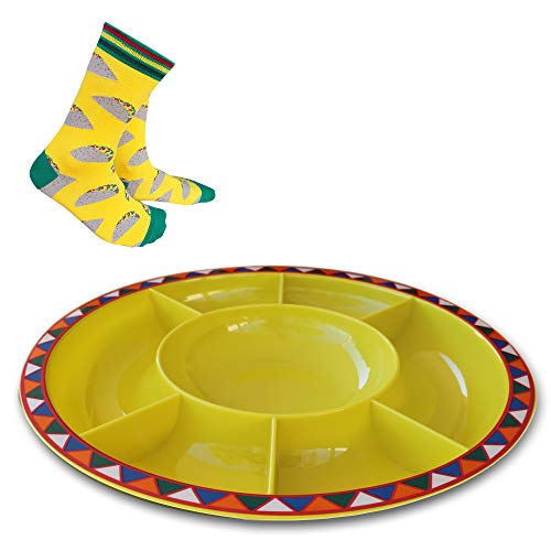 Product Cover Serving Platter for Parties Large Divided Tray, Plate for Taco Chips and Dip, Snacks with Taco Socks. Durable and Melamine Plastic