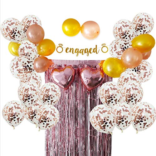 Product Cover Engagement Party Decorations Set, Includes Confetti Balloons, Engaged Banner, Rose Gold and Gold Balloons, Tinsel Curtain and Heart Balloons Also Ideal for Bachelorette Party Supplies or Bridal Shower