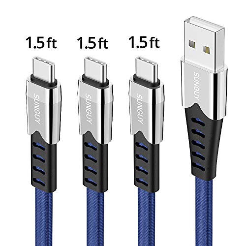 Product Cover Flat USB C Cable SUNGUY (3-Pack,1.5ft x3) Tangle Free Short USB-C Charging Data Sync Fabric Braided Cord for Samsung Galaxy S10 S8 S9 Plus A20, Google Pixel 2XL,Xiaomi Mi9 Redmi Note 7 Nintendo Switch