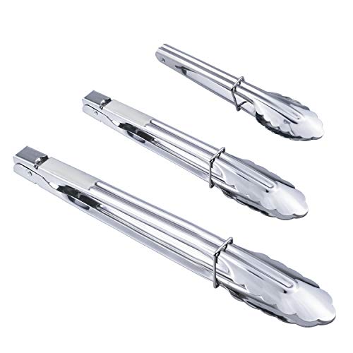 Product Cover HINMAY Stainless Steel Kitchen Tongs Set Metal Cooking Tongs with Sliding Rings for Barbecue Cooking Salad Grilling Frying and Serving (7 9 12 Inch 3 Pieces)