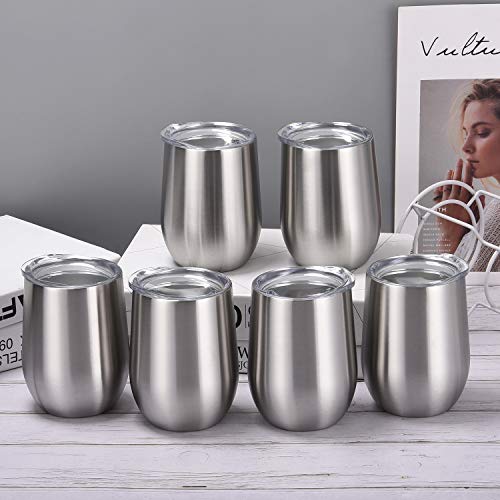 Product Cover 6 Pack 12Oz Stemless Wine Tumbler Wine Glasses Set Stainless Steel Cups with Lid Set of 6 for Picnic Camping Party or Family Daily Use Shatterproof - BPA Free Healthy Choice