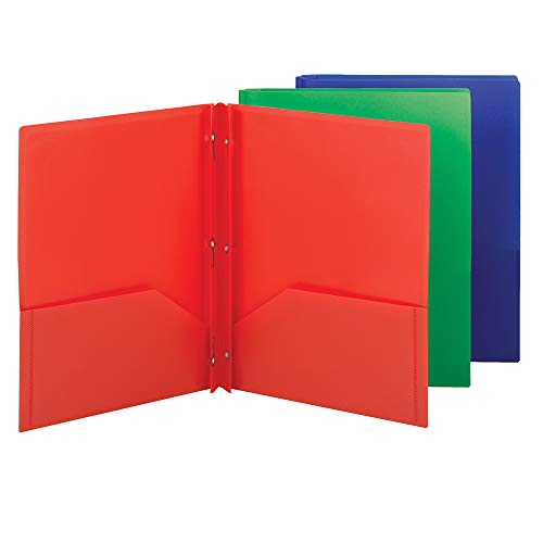Product Cover Smead Poly Two-Pocket Folder, Three-Hole Punch Prong Fasteners, Letter Size, Assorted Colors, 3 per Pack (87737)