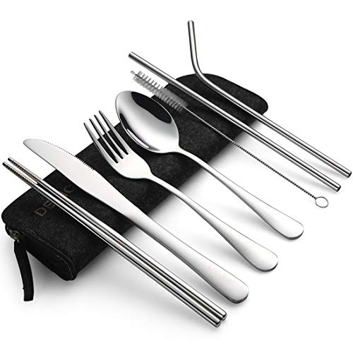 Product Cover Devico Portable Utensils, Travel Camping Cutlery Set, 8-Piece including Knife Fork Spoon Chopsticks Cleaning Brush Straws Portable Case, Stainless Steel Flatware set (8-piece Felt bag black)
