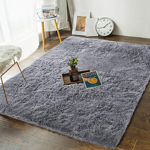 Product Cover Soft Bedroom Rugs - 4' x 5.3' Shaggy Floor Area Rug for Living Room Kids Room Home Decor Carpet by AND BEYOND INC, Grey