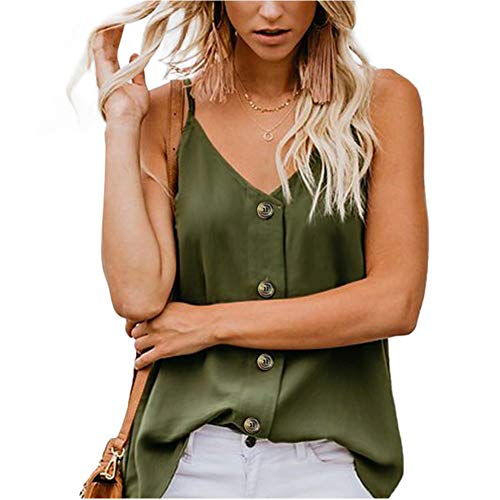 Product Cover BAODANstore Womens Button Down V Neck Tank Tops Loose Casual Vest Spring Summer Sleeveless Shirts Blouses (M, Dark Green)