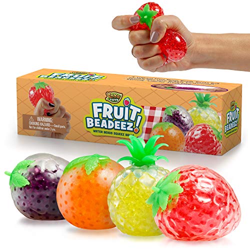 Product Cover YoYa Toys Beadeez Squishy Fruit Stress Balls Toy (4-Pack) Tropical Designs Filled with Colorful, Squeezable Gel Water Beads - Promote Stress Relief, Calm Focus, Fun Play - Girls, Boys, Adults
