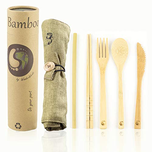 Product Cover Bamboo Travel Utensil Set with Carrying Case, Sustainable, Eco Friendly Cutlery Flatware Set, Reusable, Portable for Travel, Office, School or Camping