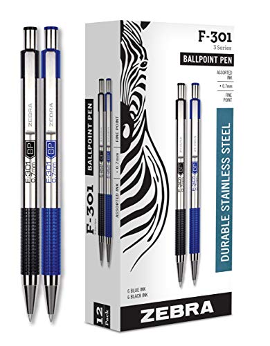 Product Cover Zebra Pens Fine Point F 301, Bulk Combo Pack of 6 BLACK INK & 6 BLUE INK metal pens (Total of 12 Pens), Ballpoint Stainless Steel Retractable 0.7mm fine point ink pens