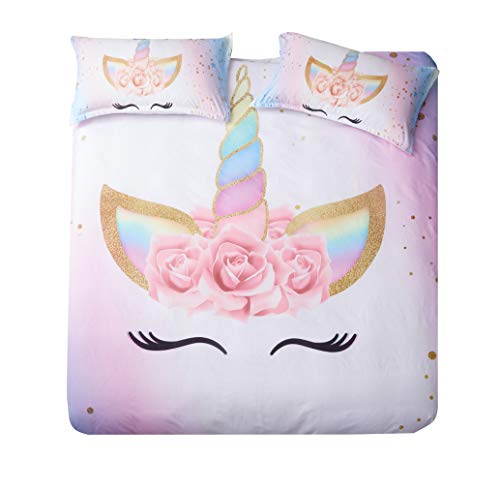 Product Cover DEERHOME Unicorn Bedding 3 Piece Flower Girl Duvet Cover Set Cartoon Unicorn Bedspreads Cute Pink Duvet Cover Gifts for Teens,Kids and Girls (#03, Twin)