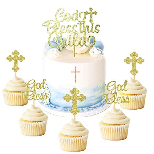 Product Cover JeVenis 25 PCS Glittery God Bless this Child Cake Topper Baptism Cupcake Toppers Cross Cupcake Topper Baptism Party Decorations