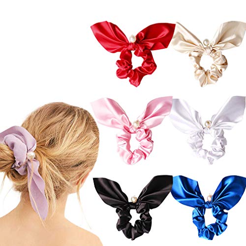 Product Cover 6PCS Hair Scrunchies Silk Rabbit Bunny Ear Bow Bowknot Scrunchie Bobbles Elastic Hair Ties Bands Ponytail Holder for Women Accessories