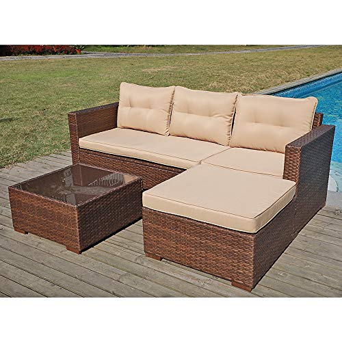 Product Cover SUNSITT Outdoor Sectional Sofa 4 Piece Furniture Set Brown Wicker with Beige Seat Cushions, Ottoman & Glass Coffee Table, Patio Backyard Pool, Steel Frame