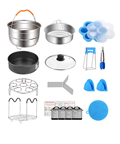 Product Cover Fopurs 6 Quart Pressure Cookers Accessories Set, Compatible with Instant Pot 6 Qt, Steamer Baskets with Divider, Glass Lid, Egg Bites Mold, Springform Pan, 5 Cooking time Magnets and more, 18 pcs