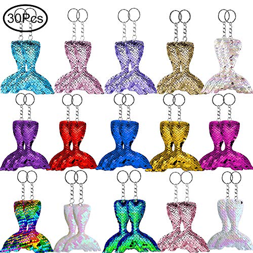 Product Cover Hicdaw 30PCS Keychain for Mermaid Tail - Party Favors for Mermaid Reversible Sequins Keychain Decoration for Bag Party Favors for Kid Adult