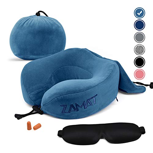 Product Cover ZAMAT Breathable & Comfortable Memory Foam Travel Pillow, Adjustable Travel Neck Pillow for Airplane Travel, 360° Stable Neck Support Airplane Pillow with Soft Velour Cover, Portable Bag (Lake Blue)
