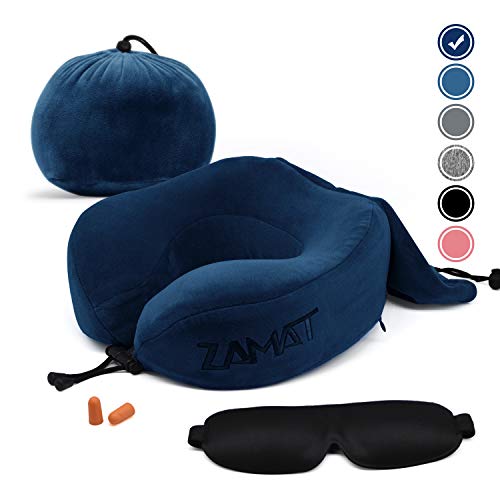 Product Cover ZAMAT Breathable & Comfortable Memory Foam Travel Pillow, Adjustable Travel Neck Pillow for Airplane Travel, 360° Stable Neck Support Airplane Pillow with Soft Velour Cover, Portable Bag (Navy Blue)