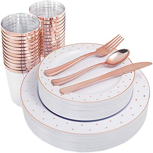 Product Cover IOOOOO 150PCS Rose Gold Plastic Plates, Cups with Disposable Silverware, Elegant Dot Design, Includes: 25 Dinner Plates 10.25