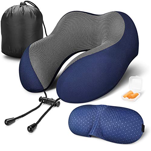 Product Cover Travel Pillow 100% Pure Memory Foam Neck Pillow for Airplanes, Super Soft & Comfortable Pillow with Machine Washable Cover, Airplane Travel Kit with 3D Contoured Eye Masks, Earplugs and Reusable Bag