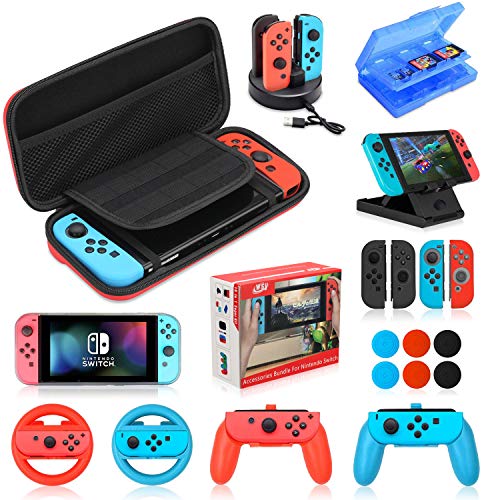 Product Cover Accessories Kit Bundle for Nintendo Switch,19 in 1 Essential Games Kit for Switch Including Joy Con Covers,Grips,Wheels and Thumbstick Caps, Carrying Bag Charging Dock, Game Card Case PlayStand