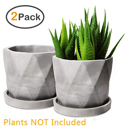 Product Cover Succulent Pots, ZOUTOG Grey 4.42 inch Concrete Flower Planter Pot Set with Cement Tray, Pack of 2 (Plants NOT Included)