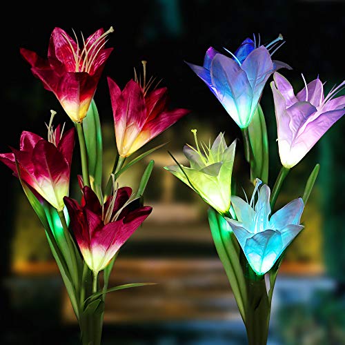Product Cover XJEXPO Solar Flower Lights,Solar Garden Stake Lights Outdoor with 8 Lily Flowers,Multi-Color Changing LED Solar Decorative Lights Garden,Patio,Backyard(Purple & White) 2 Pack