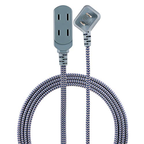 Product Cover Cordinate 43434-T1, Navy/Gray, Designer 3 Extension, 2 Prong Power Strip, Extra Long 15 Ft Cable with Flat Plug, Braided Chevron Fabric Cord, Slide-to-Close Safety Outlets, 43434