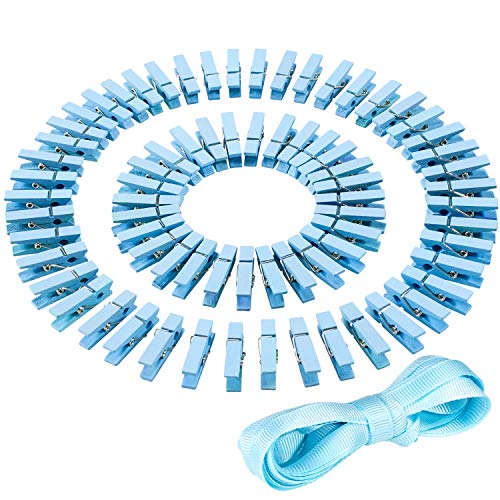 Product Cover Whaline 100 Pieces Mini Blue Clothespins Baby Shower Clothes Pins Small Wooden Clothespin with Blue Rope for Boys Party Favors and DIY Baby Boy Gender Reveal Parties
