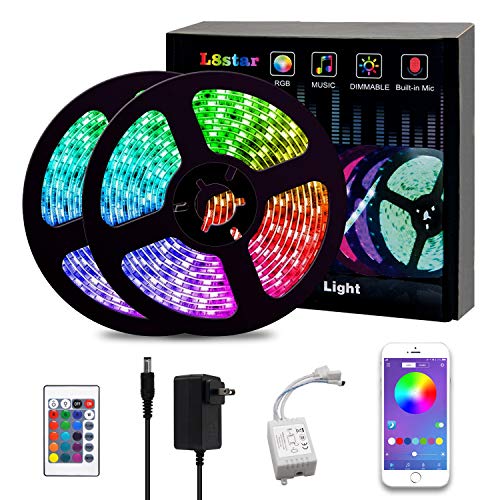 Product Cover L8star LED Color Changing Rope 32.8ft(10m) SMD 5050 Light Strips with Bluetooth Controller Sync to Music Apply for TV, Bedroom, Party and Home Decoration, RGB+White